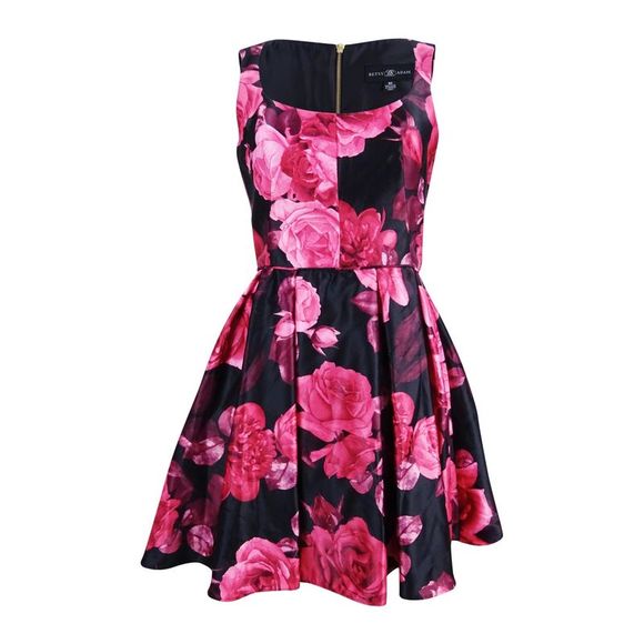 Betsy & Adam Women's Rose-Print Fit & Flare Party Dress - Black/Red - Picture 2 of 3